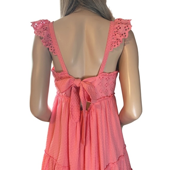 ALTAR'D STATE Dress Tiered Ruffled Ruched Pinafore Back Tie Bow Peach Coral NWOT - Picture 7 of 16